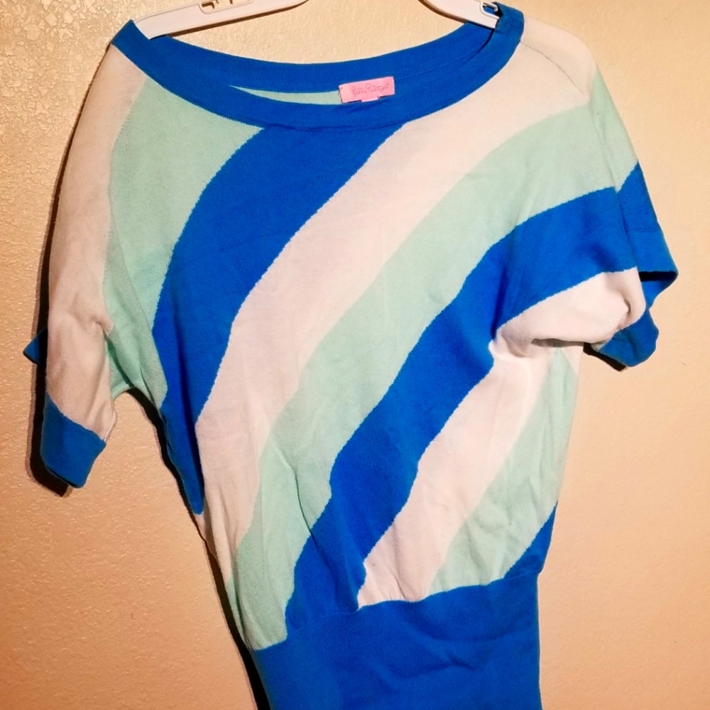 Authentic Lilly Pulitzer 100% Cotton Pullover Sweater Size: XS Chevron Blue Whit